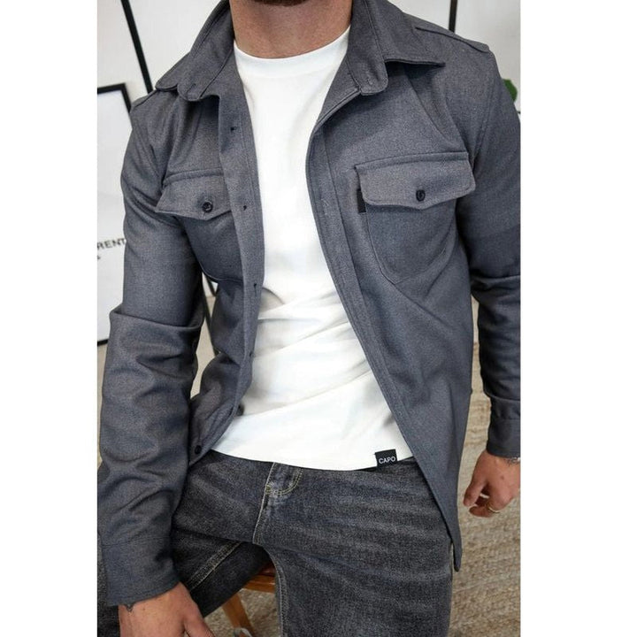 Men's Long Sleeve Button-Up Shirt Jacket with Dual Pockets