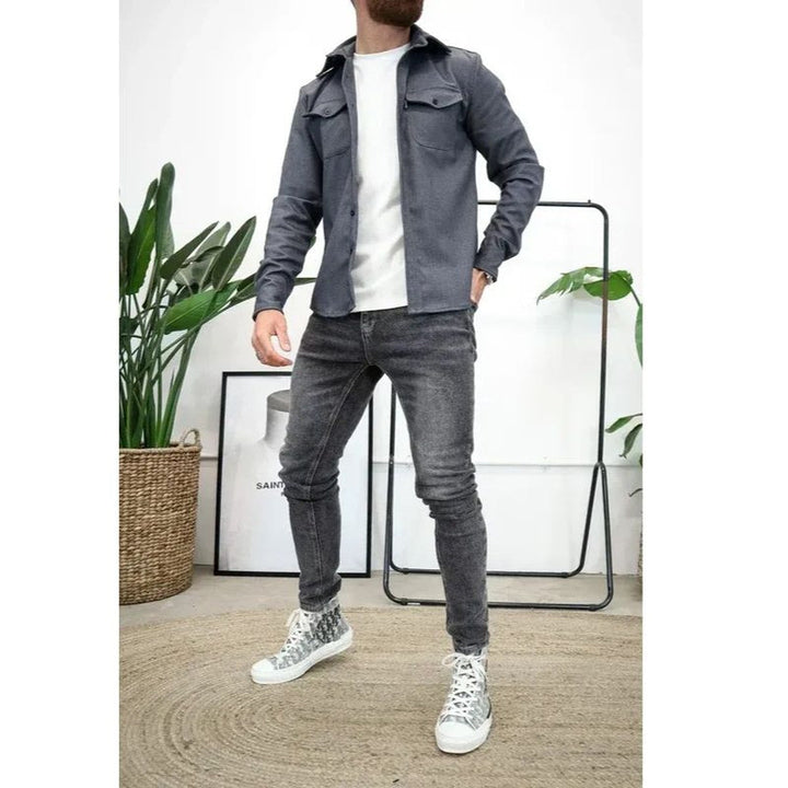 Men's Long Sleeve Button-Up Shirt Jacket with Dual Pockets