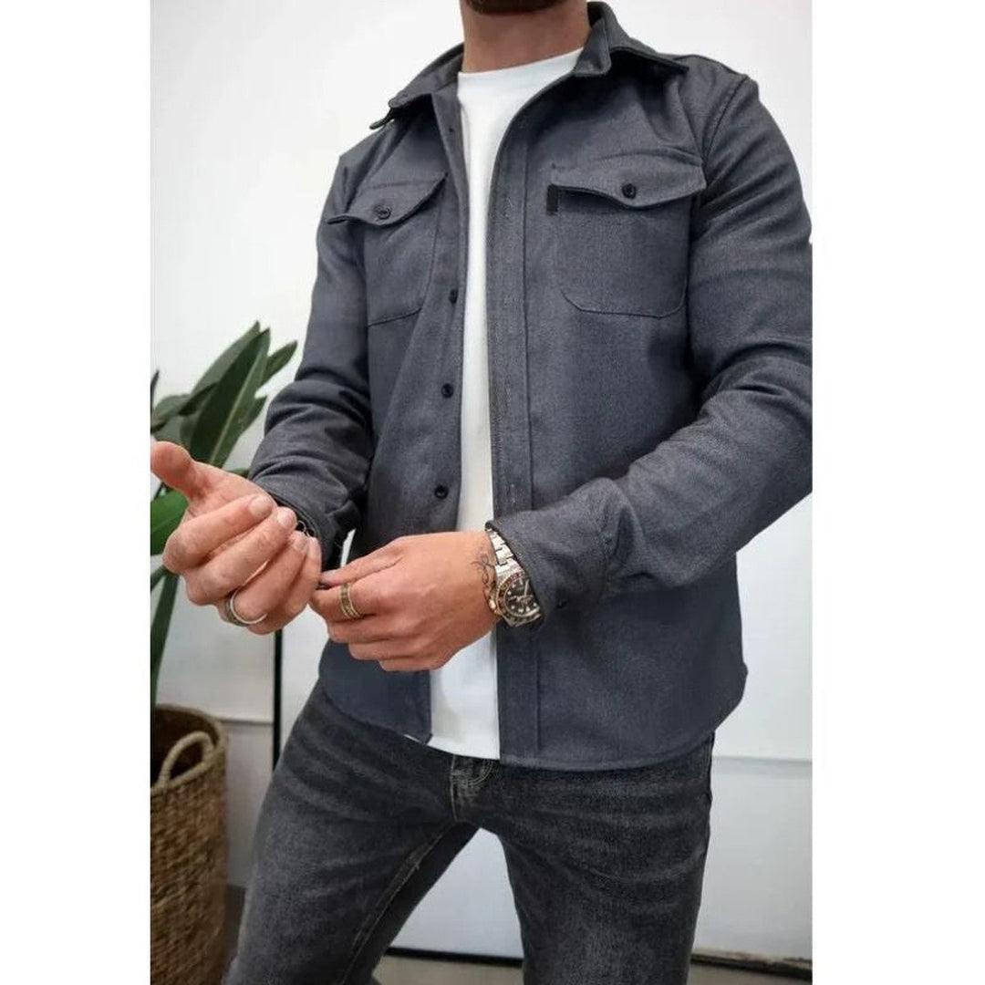 Men's Long Sleeve Button-Up Shirt Jacket with Dual Pockets