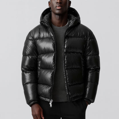 Men's Hooded Puffer Jacket with Water-Resistant Polyester Shell