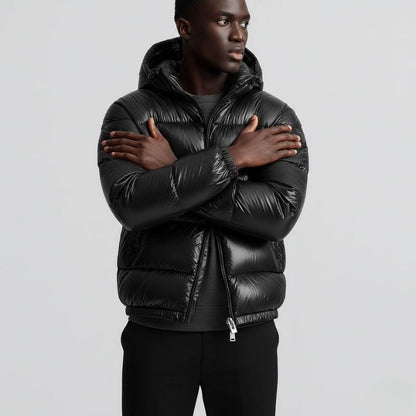 Men's Hooded Puffer Jacket with Water-Resistant Polyester Shell