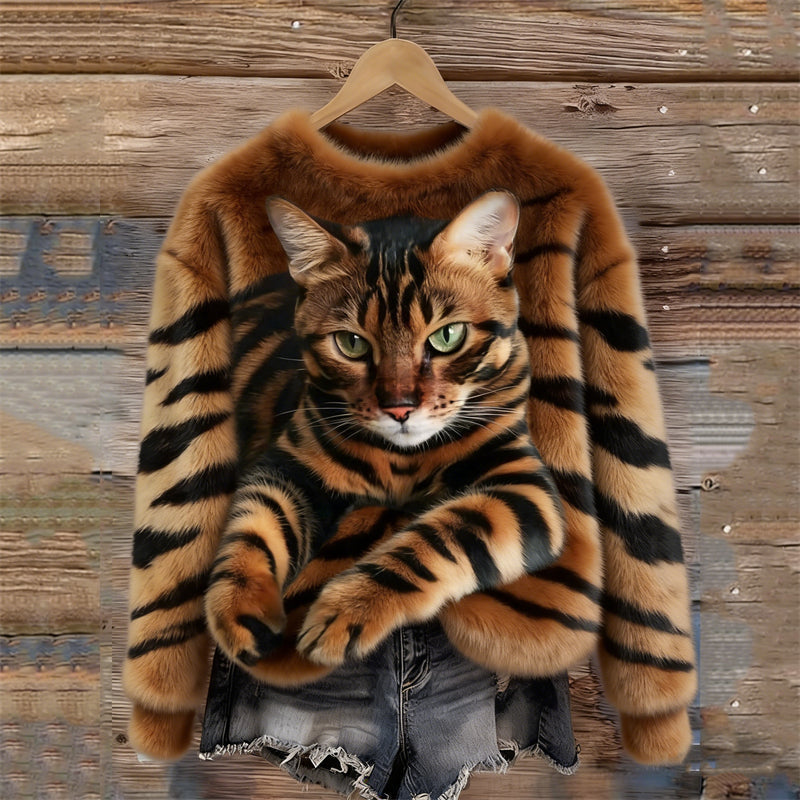 Women's Cozy Plush Sweatshirt with Tiger and Kitten Design