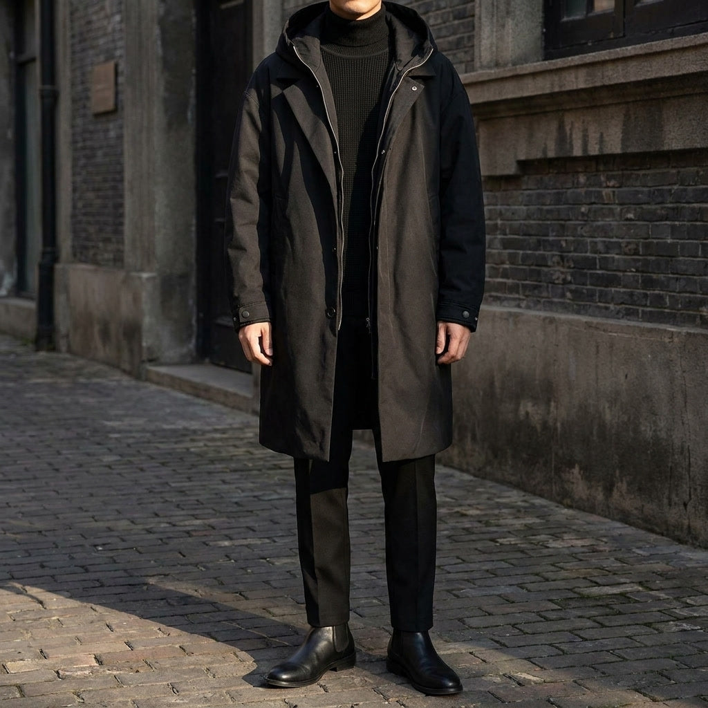 Men's Lightweight Overcoat with Hood and Water-Resistant Shell