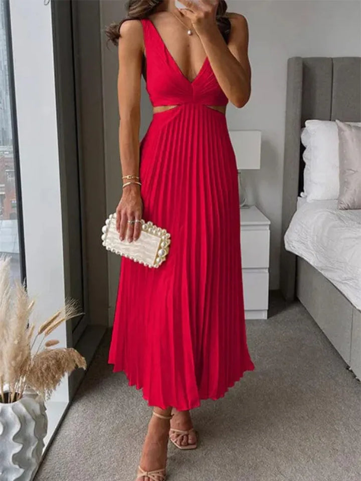 Valen | Women's Elegant V-Neck Pleated Dress