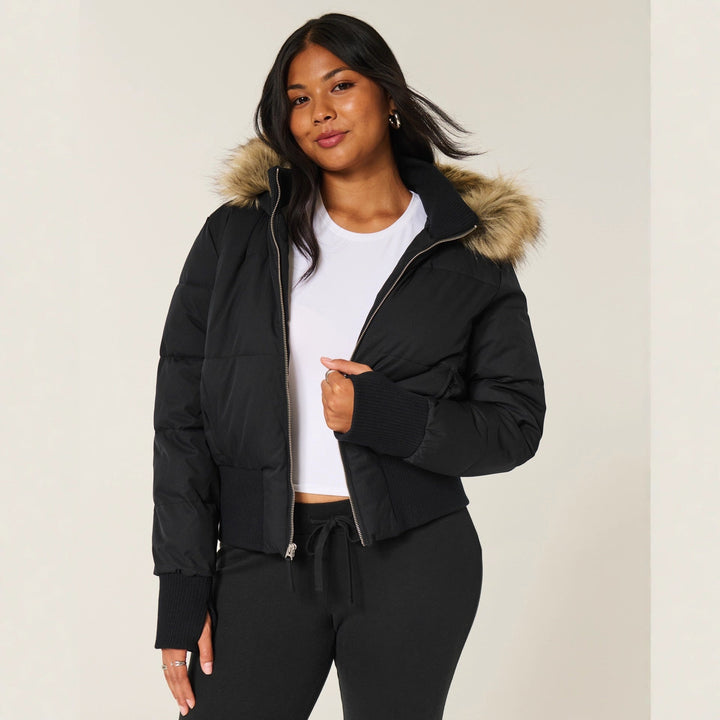 Women's Cropped Long Sleeve Hooded Puffer Jacket