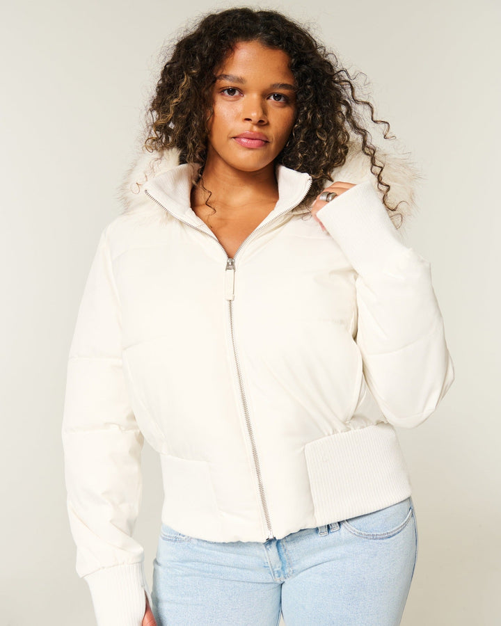 Women's Cropped Long Sleeve Hooded Puffer Jacket