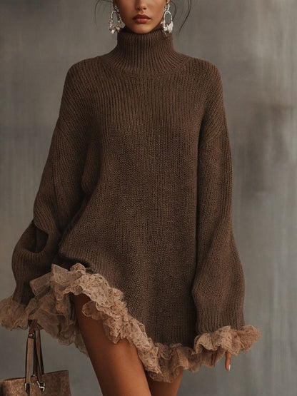 Damen-Strickkleid mit Rollkragen und Spitzenrüschensaum