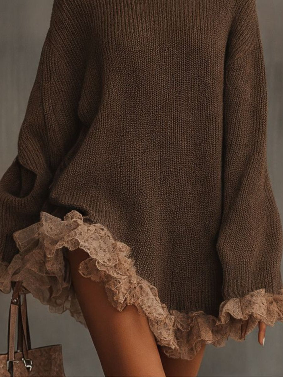 Damen-Strickkleid mit Rollkragen und Spitzenrüschensaum