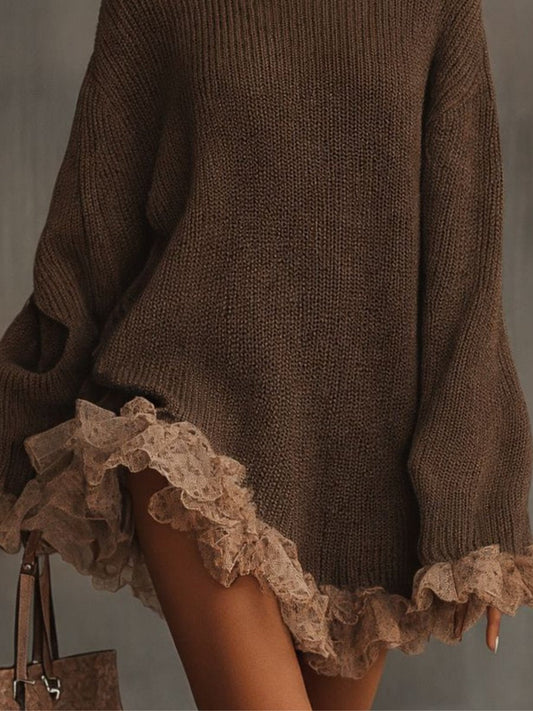 Women's Turtleneck Knit Sweater Dress with Lace Ruffle Hem