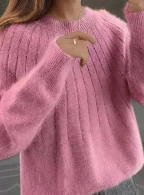 Women's Fluffy Textured Sweater with Round Neck