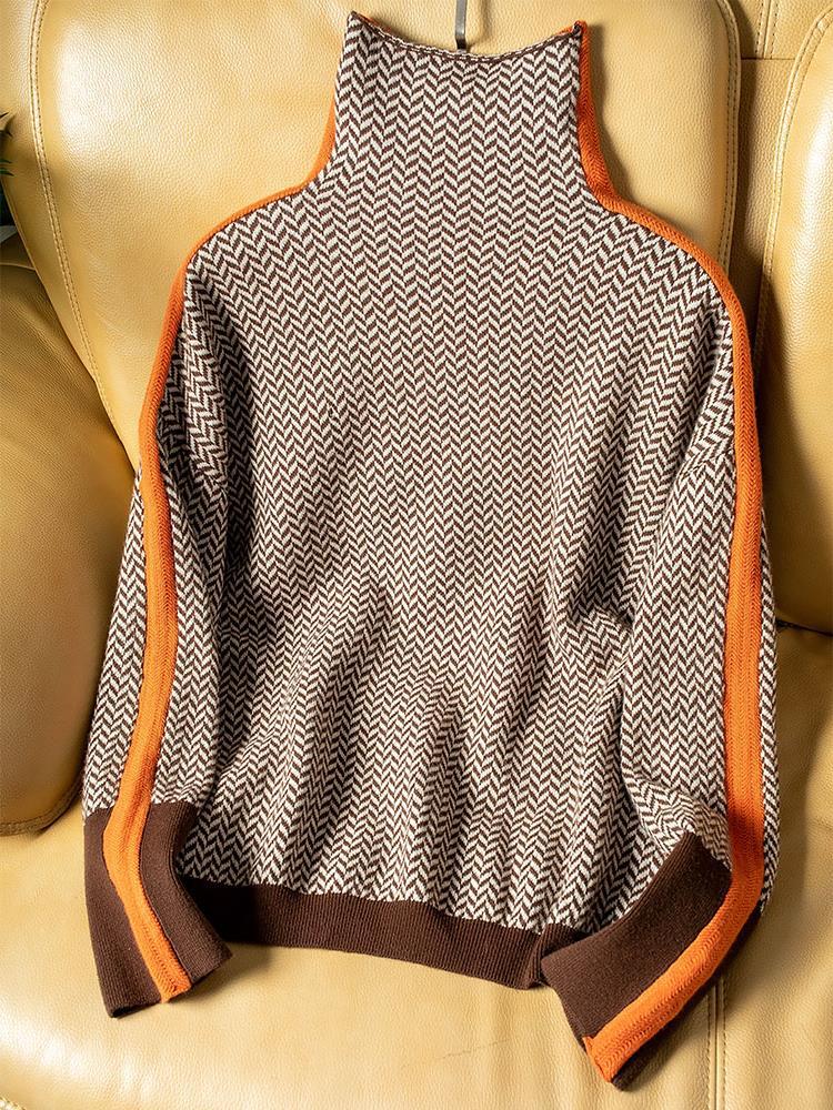 Women's High-neck Striped Sweater with Contrast Design