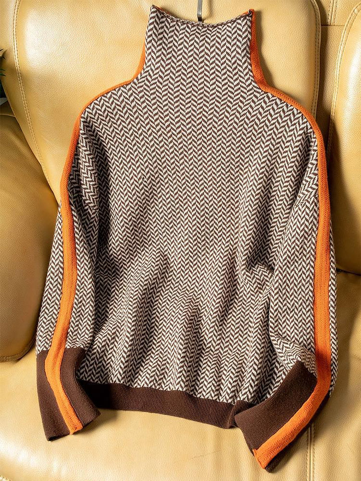 Women's High-neck Striped Sweater with Contrast Design