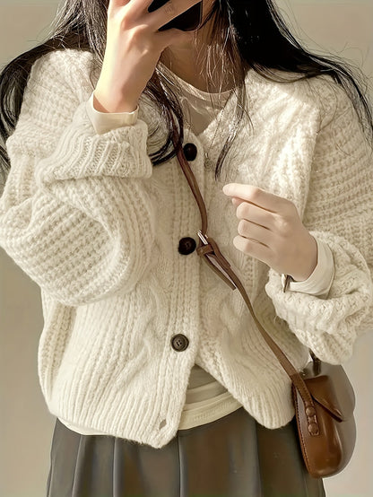 Women's Chunky Cable Knit Cardigan with Buttons and V-Neck