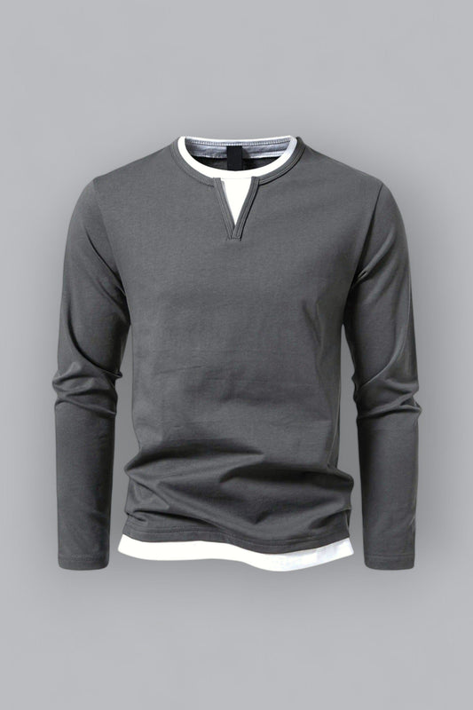 Men's Long Sleeve Henley Shirt in Cotton Blend with V-Neck