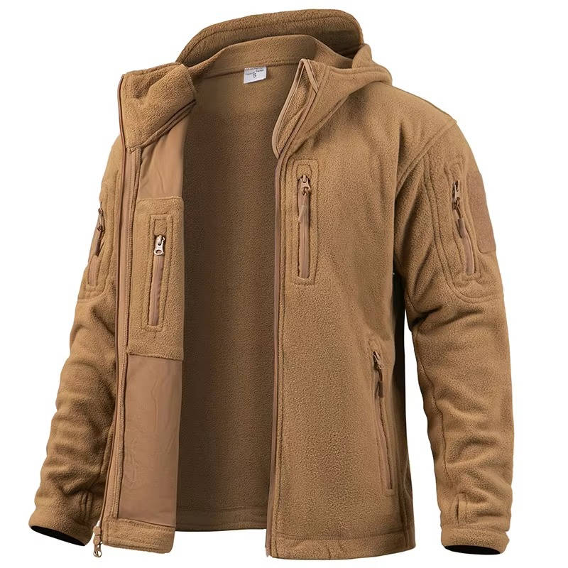 Men's Tactical Fleece Jacket with Hood and Multiple Pockets