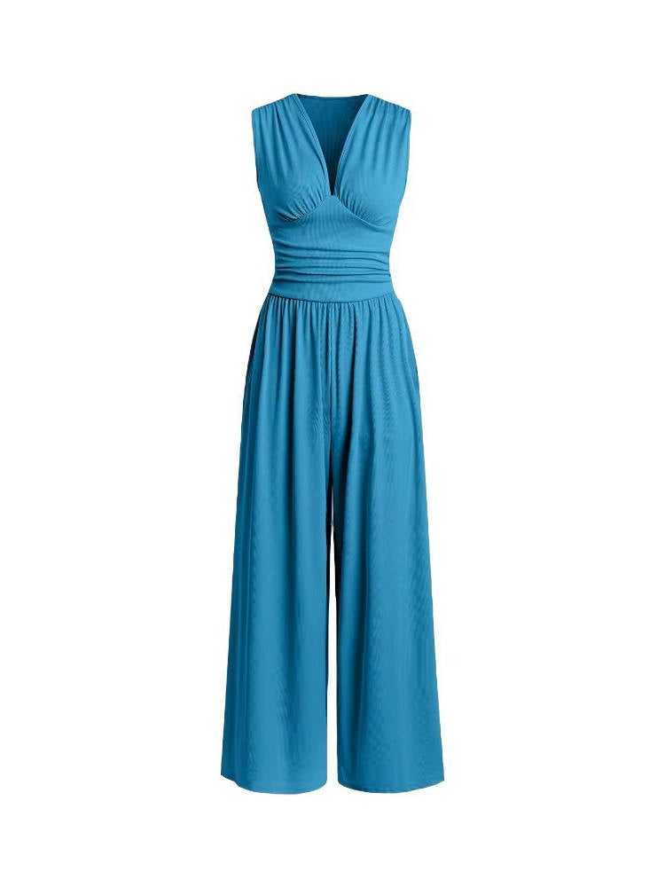 Women's Rib Knit Sleeveless Jumpsuit with Deep V Neck and Wide Legs