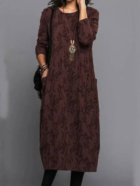 Women's Long Sleeve Midi Dress with Convenient Pockets