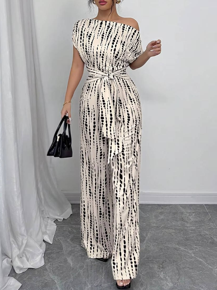 Women's Asymmetric One Shoulder Patterned Jumpsuit with Tie Waist