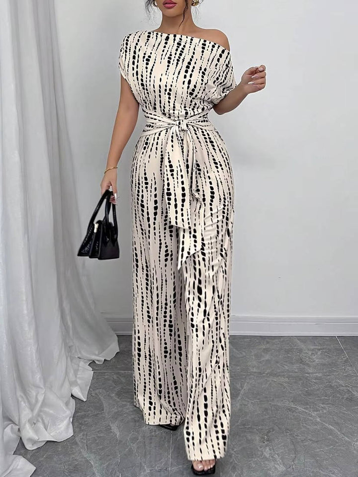 Women's Asymmetric One Shoulder Patterned Jumpsuit with Tie Waist