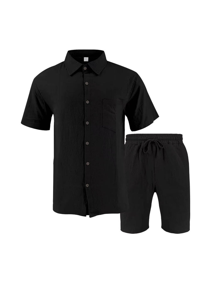 Men's Linen Short Sleeve Button-Up Shirt and Shorts Set for Summer