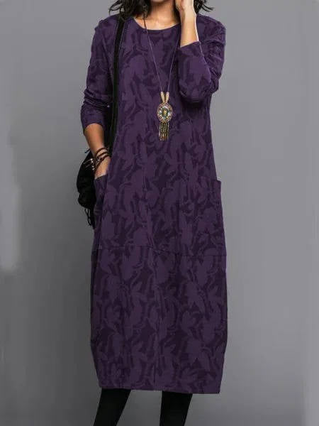 Women's Long Sleeve Midi Dress with Convenient Pockets
