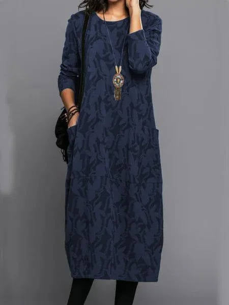 Women's Long Sleeve Midi Dress with Convenient Pockets