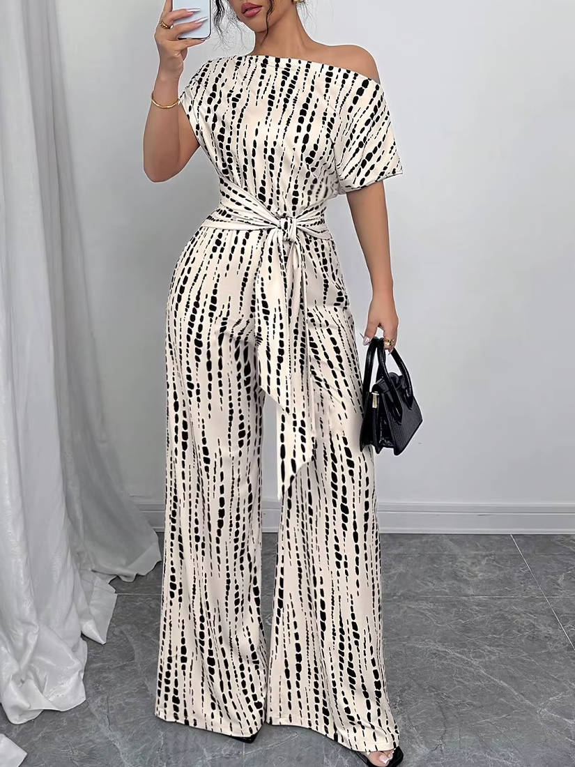 Women's Asymmetric One Shoulder Patterned Jumpsuit with Tie Waist