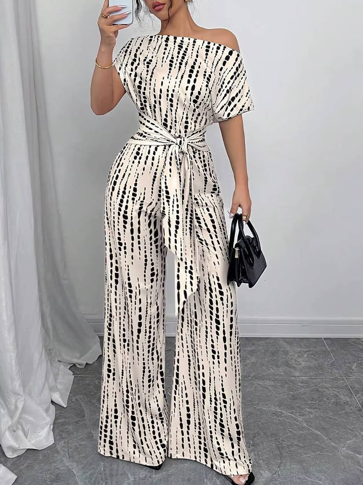 Women's Asymmetric One Shoulder Patterned Jumpsuit with Tie Waist