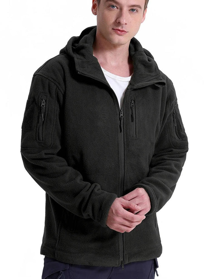 Men's Tactical Fleece Jacket with Hood and Multiple Pockets