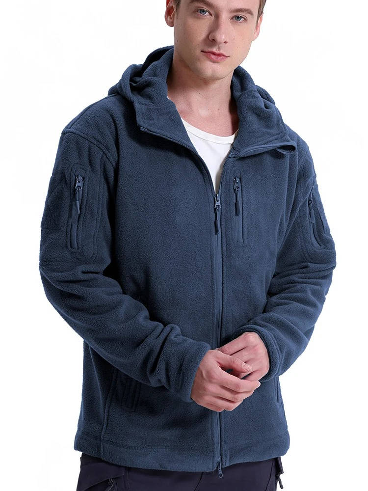 Men's Tactical Fleece Jacket with Hood and Multiple Pockets