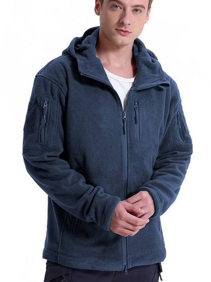 Men's Tactical Fleece Jacket with Hood and Six Zip Pockets