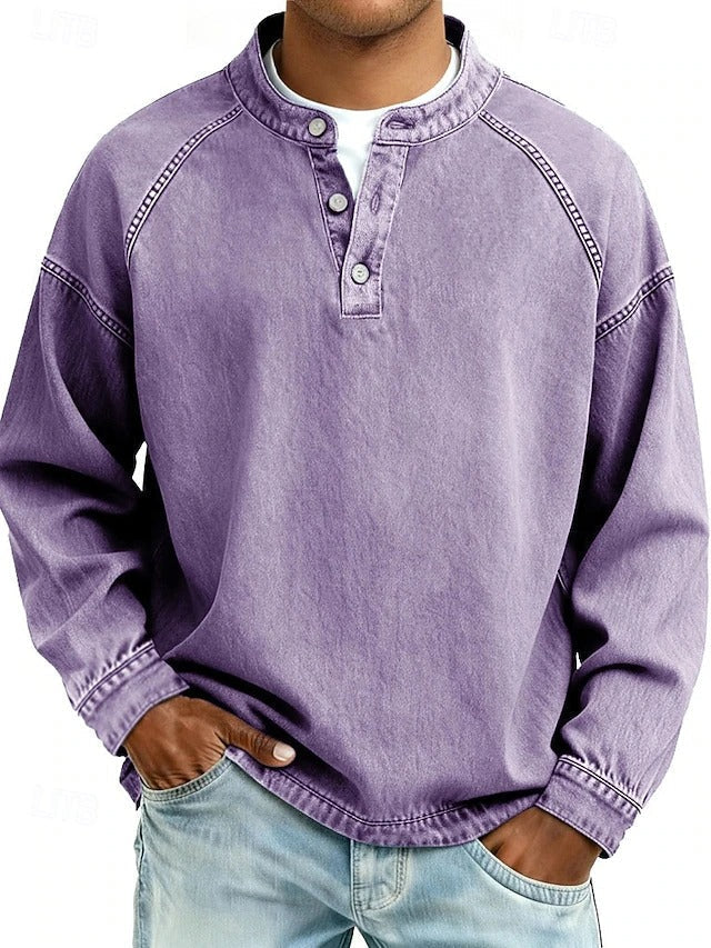 Men's Retro-Inspired Henley Pullover with Worn Look and Long Sleeves
