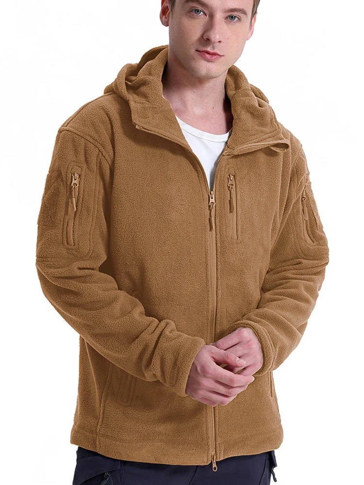 Men's Tactical Fleece Jacket with Hood and Multiple Pockets