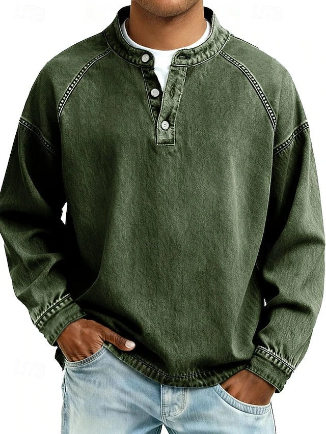 Men's Retro-Inspired Henley Pullover with Worn Look and Long Sleeves