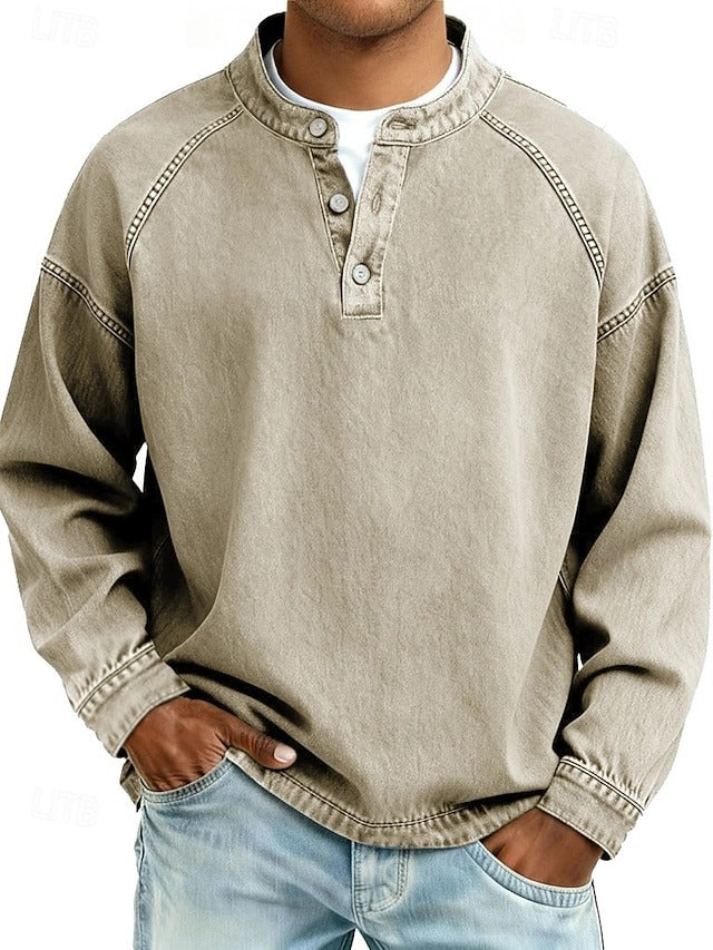 Men's Retro-Inspired Henley Pullover with Worn Look and Long Sleeves