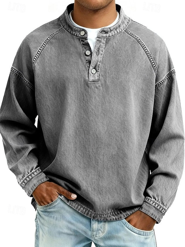 Men's Retro-Inspired Henley Pullover with Worn Look and Long Sleeves