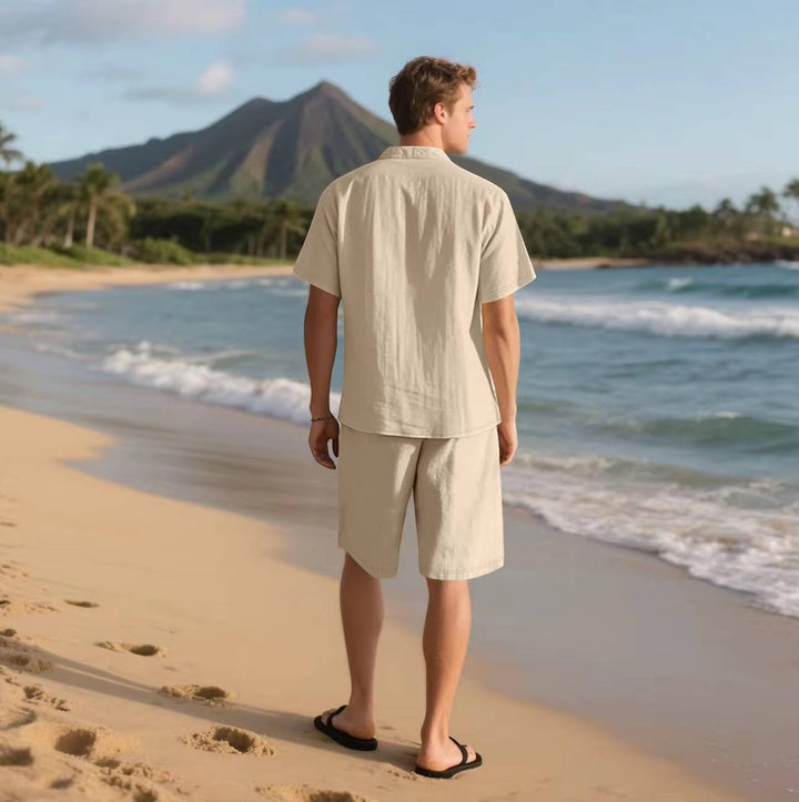 Men's Linen Short Sleeve Button-Up Shirt and Shorts Set for Summer