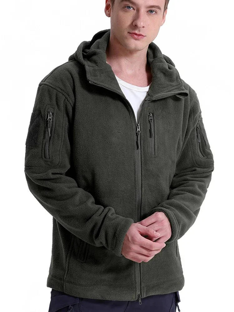 Men's Tactical Fleece Jacket with Hood and Multiple Pockets