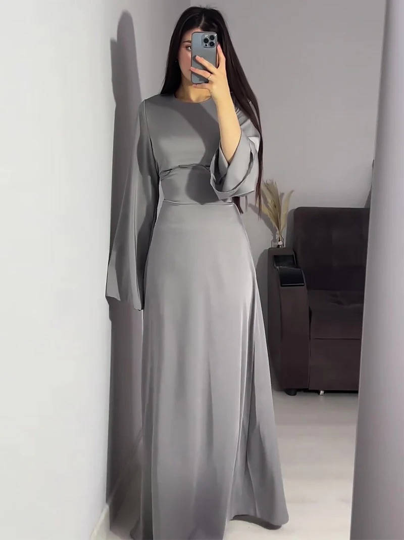 Women's Satin Back Lace Up Maxi Dress with Round Neck and Long Sleeves