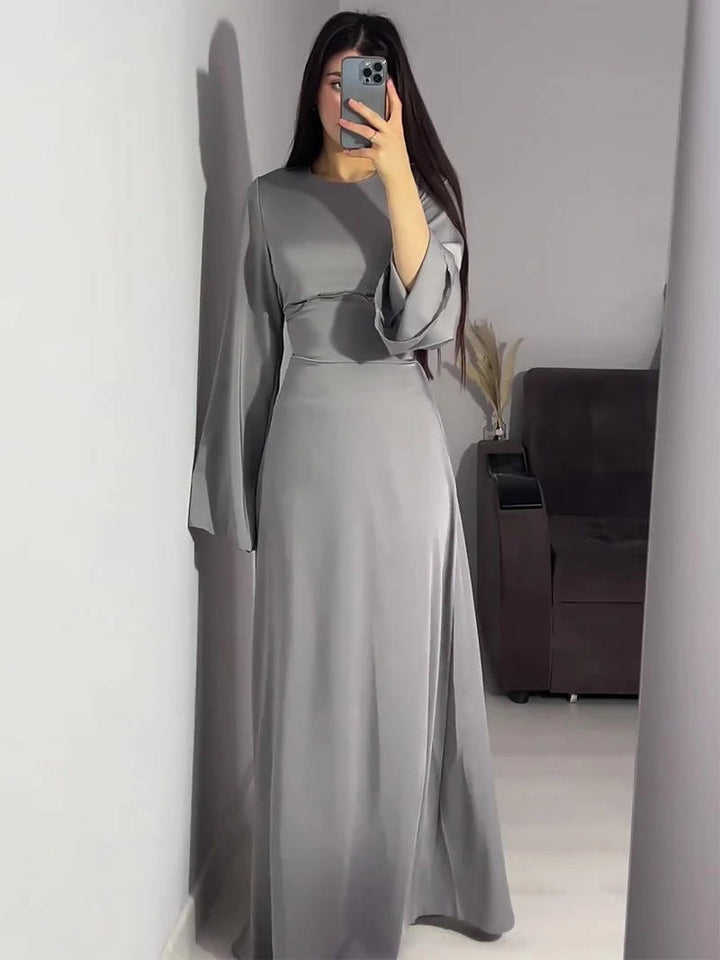 Women's Satin Back Lace Up Maxi Dress with Round Neck and Long Sleeves