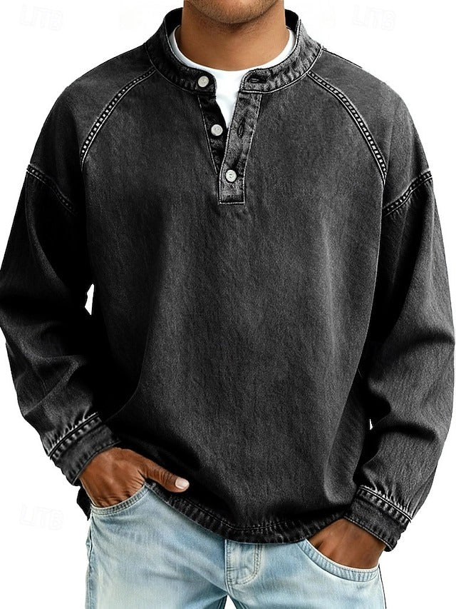 Men's Retro-Inspired Henley Pullover with Worn Look and Long Sleeves