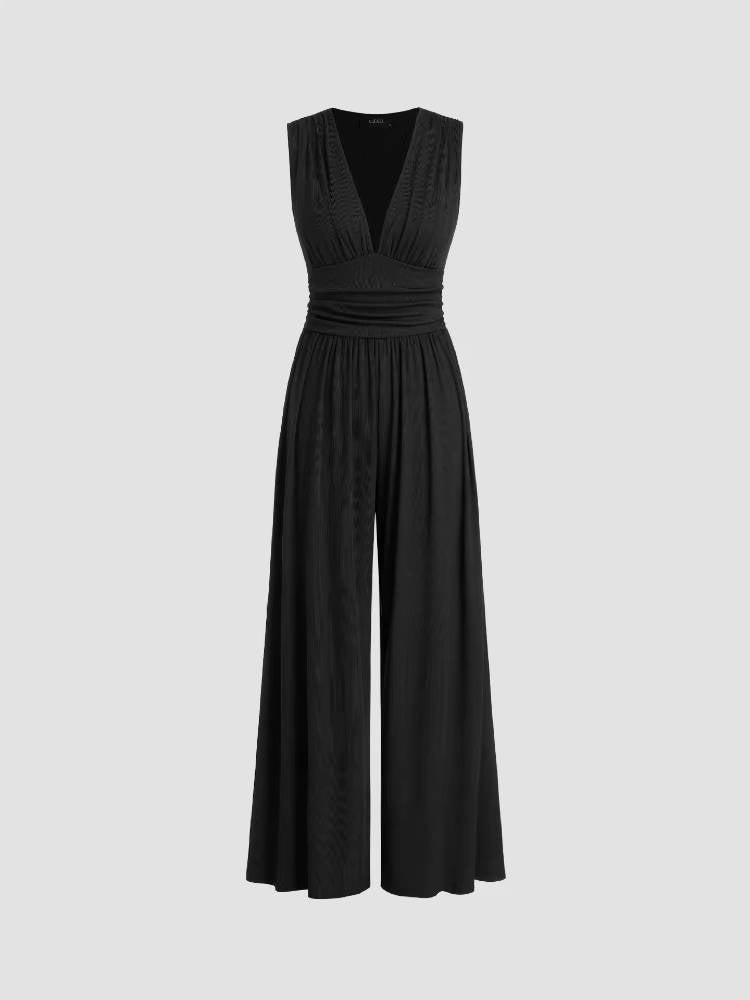 Women's Rib Knit Sleeveless Jumpsuit with Deep V Neck and Wide Legs
