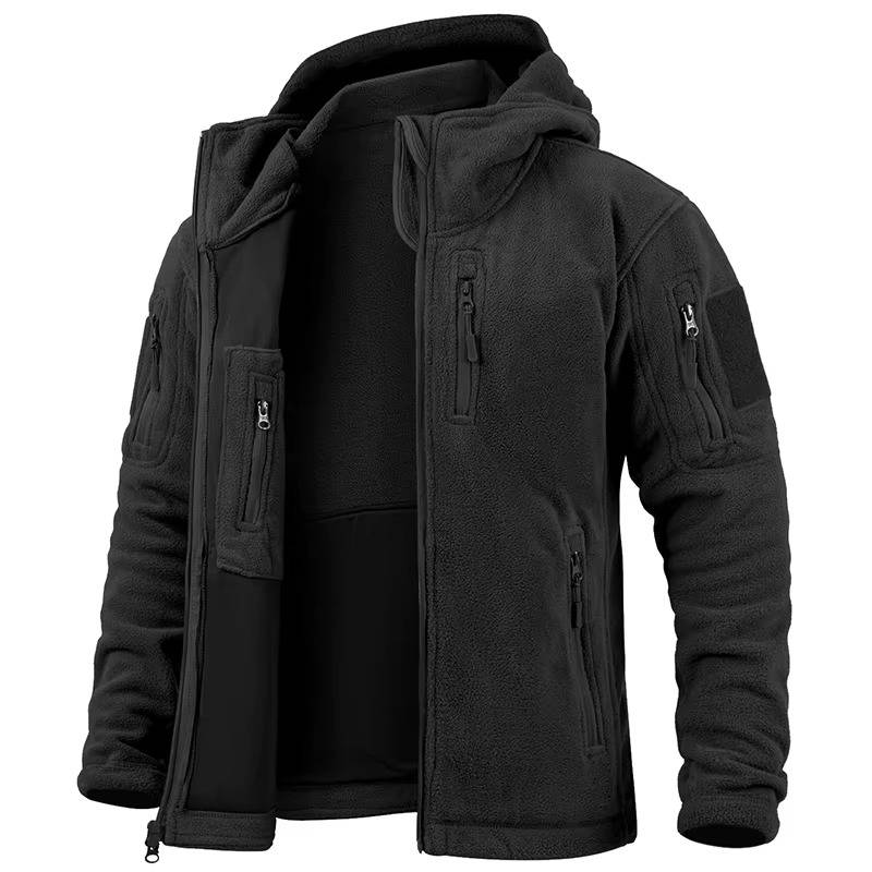 Men's Tactical Fleece Jacket with Hood and Multiple Pockets
