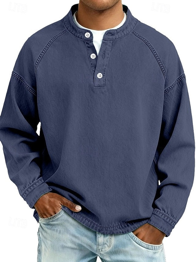 Men's Retro-Inspired Henley Pullover with Worn Look and Long Sleeves