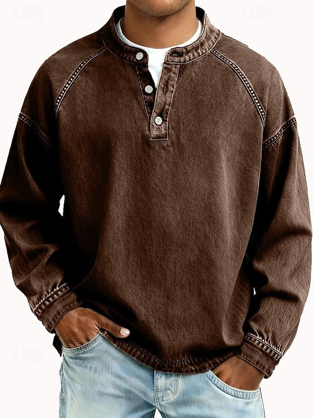 Men's Retro-Inspired Henley Pullover with Worn Look and Long Sleeves