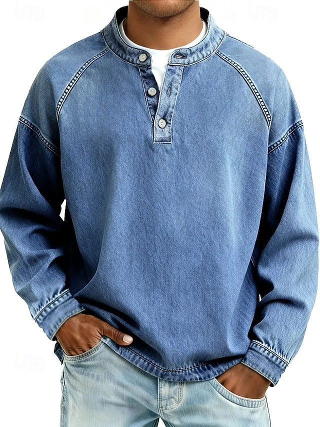 Men's Retro-Inspired Henley Pullover with Worn Look and Long Sleeves