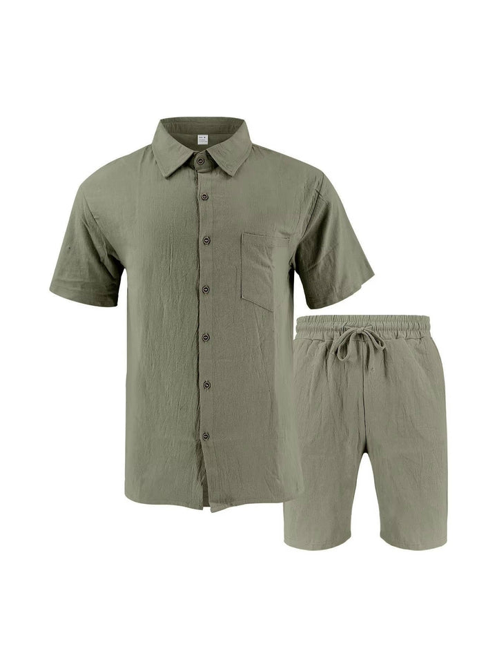 Men's Linen Short Sleeve Button-Up Shirt and Shorts Set for Summer