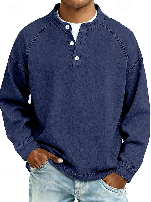 Men's Retro-Inspired Henley Pullover with Worn Look and Long Sleeves