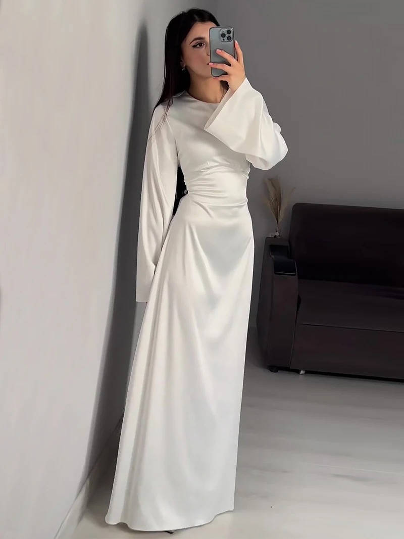 Women's Satin Back Lace Up Maxi Dress with Round Neck and Long Sleeves