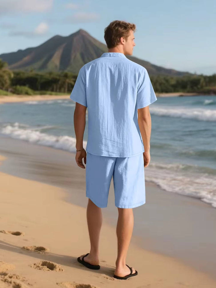 Men's Linen Short Sleeve Button-Up Shirt and Shorts Set for Summer